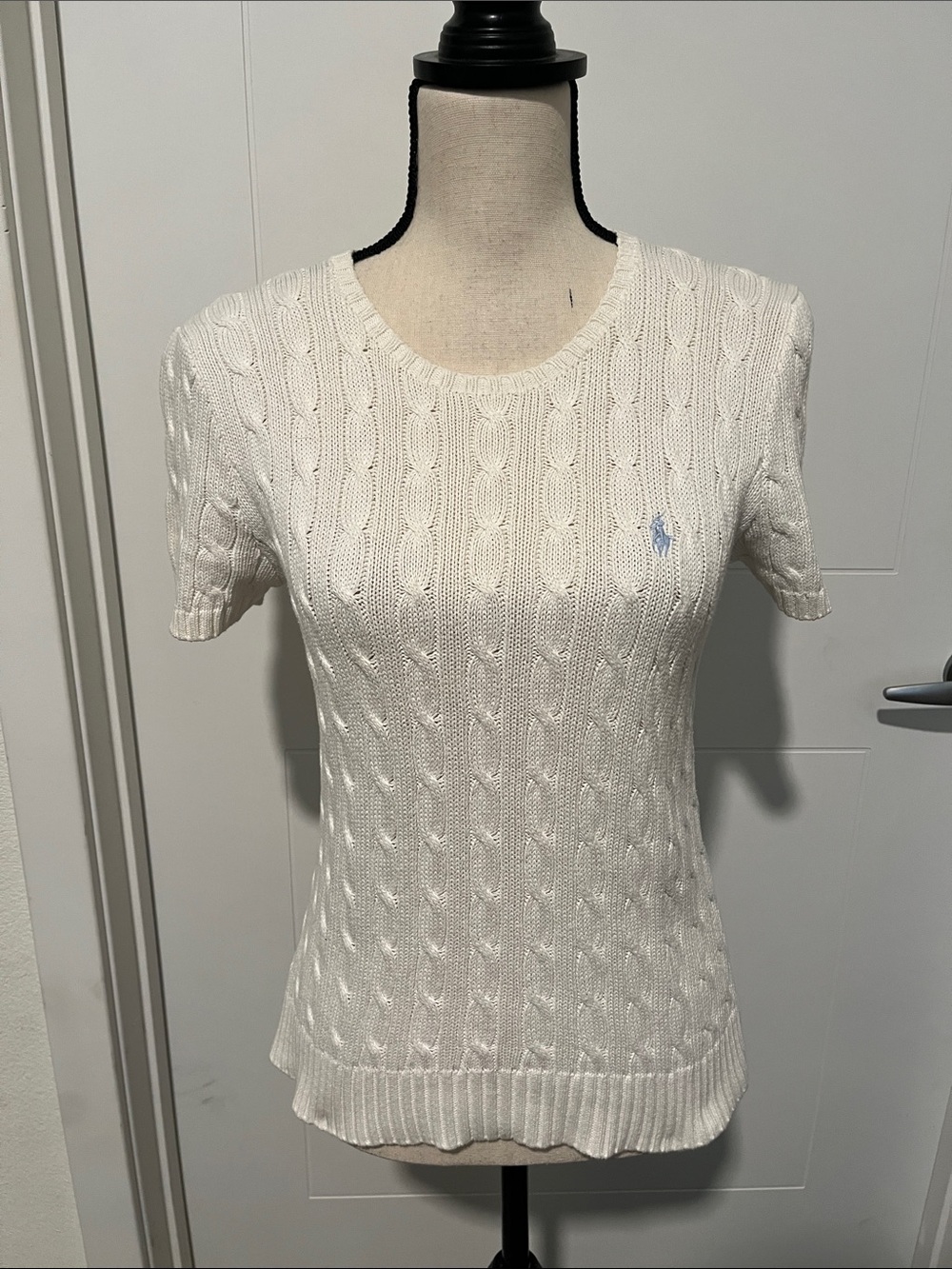 Ralph Lauren Sport White Cable Knit Short Sleeve Sweater Preppy Classic Timeless